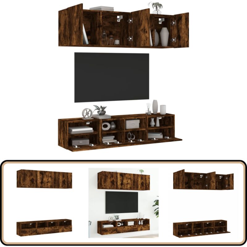 5-tlg. Wohnwand Räuchereiche Holzwerkstoff - TV Möbel - Holzregal - Regal - Wohnwand - Fernsehschrank