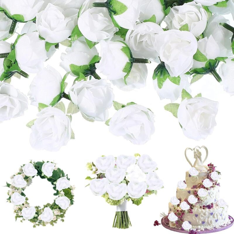 50 realistische künstliche Rosen mit Stiel, DIY-Kunstrosen für Dekorationen, weiße künstliche Rosen, künstliche Rosenblüten, für
