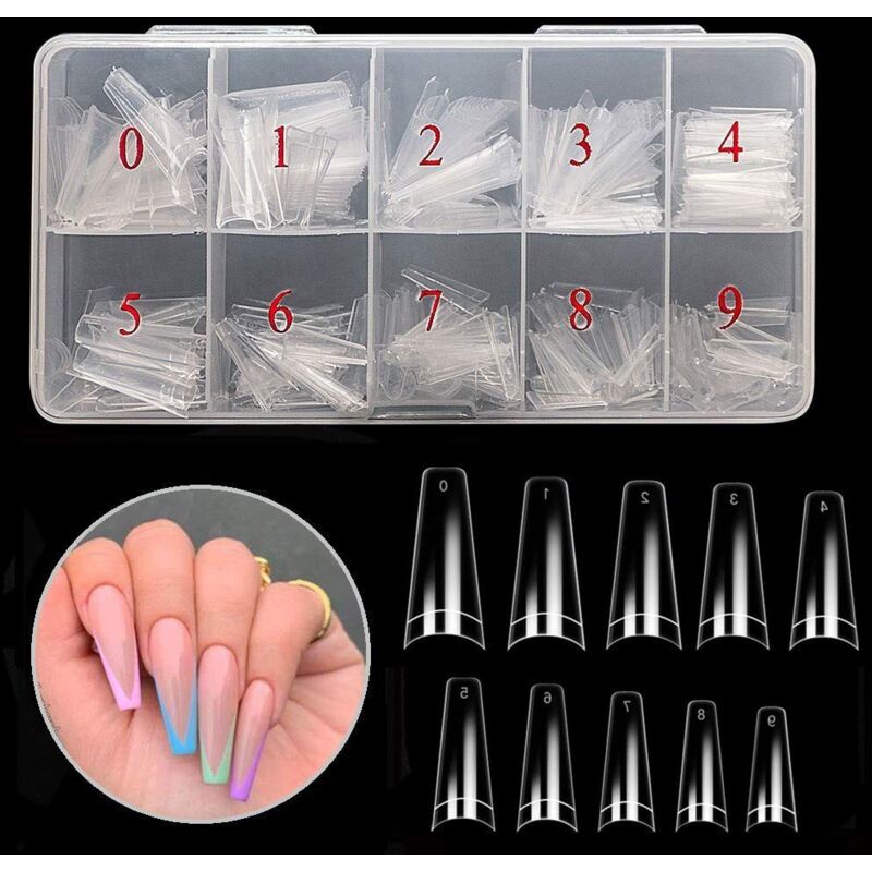 500 Stück transparente Sargnagel-Kunstnägel, French Manicure, variable Länge, 10 Größen, kreative Nagelkunst, strapazierfähige, halbdeckende Nägel.