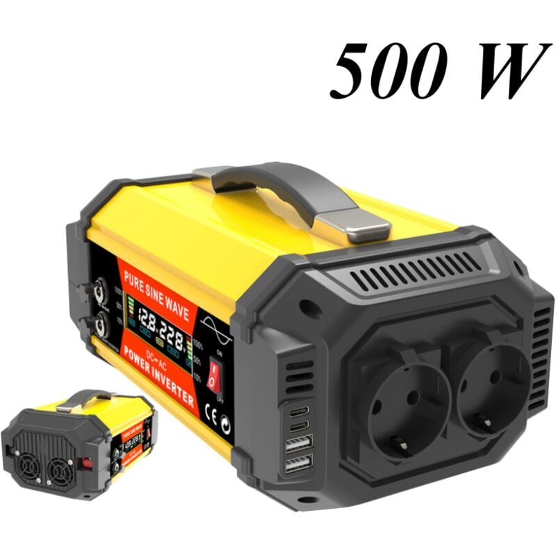 500 w reiner Sinus-Wechselrichter 12 v auf 230 v für Solaranlage/Heim/Outdoor/Wohnmobil/Camping. Wechselrichter mit 2 AC-Steckdosen, 2 usb-, 2 Typ-C