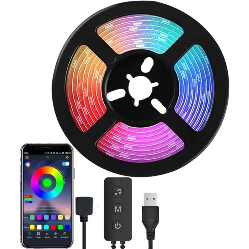5050 RGB-LED-Streifen, 2 Meter, Musiksynchronisation, Bluetooth-App, 16 Millionen Farben, einstellbare Helligkeit, 3-Tasten-Steuerung, IP65, für