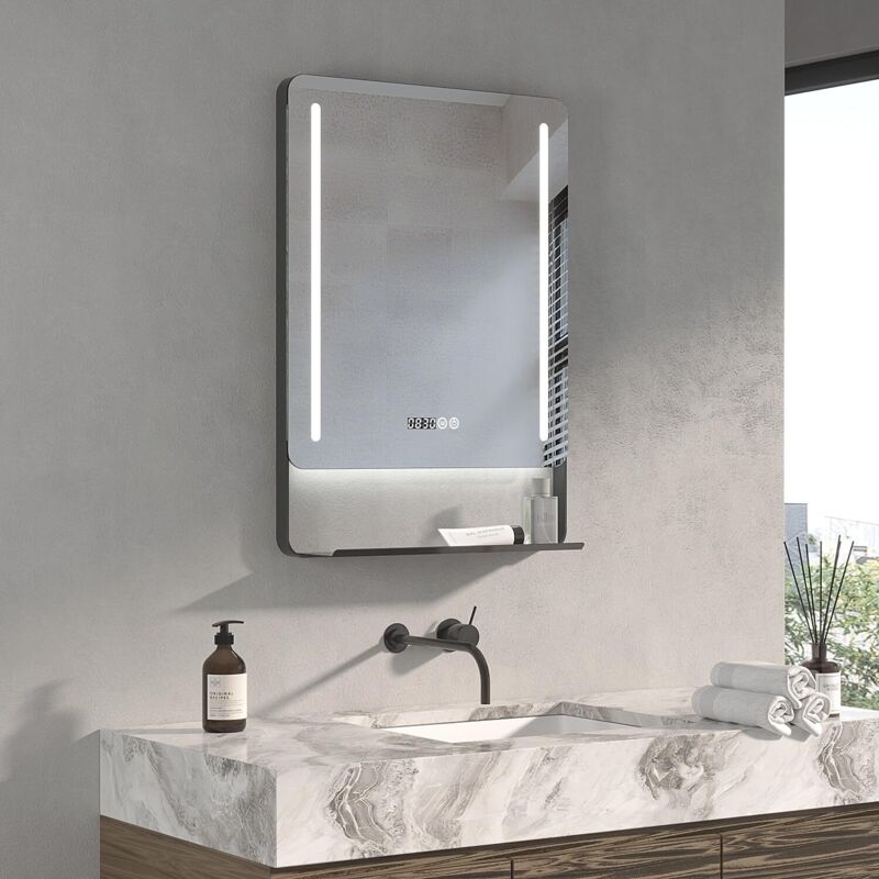 50×70cm LED Badspiegel mit Beleuchtung, Ablage, Uhr, Antibeschlag, 3-Farben Beleuchtung, Einstellbare Helligkeit, Mattschwarzer Vollrahmen,