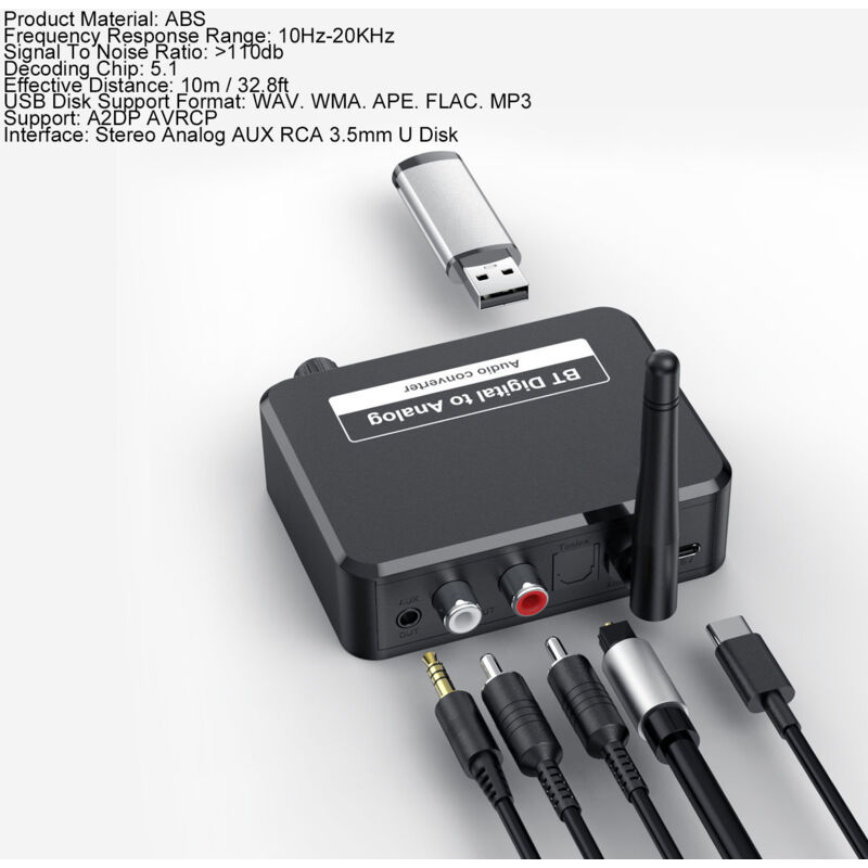 Bluetooth 5.1 RCA Digital-Analog-Audio-Konverter mit Digital-Analog-Empfänger für PS3, PS4 und Heimkino-DVD-Player