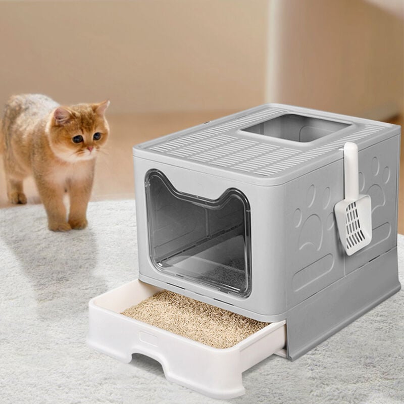 Wyctin - Katzentoilette mit Abnehmbarem Tablett,Streuschaufel,41×51×38cm,Grau und Weiß