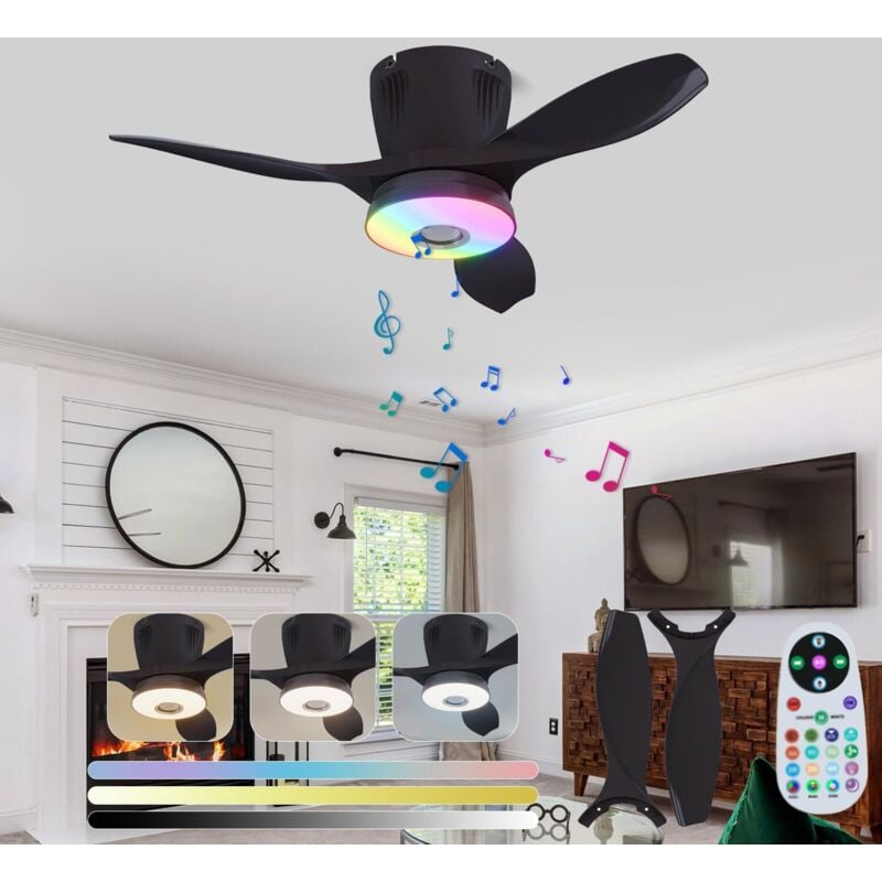 54cm Deckenventilatoren mit RGB-Lampe Dimmbarer Deckenventilator mit Fernbedienung Leiser Deckenventilator mit E27-Fassung, Schwarz