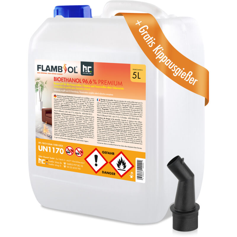 Höfer Chemie Gmbh - 5L flambiol® Bioethanol 96,6% Premium für Kamine & Ethanol-Brenner