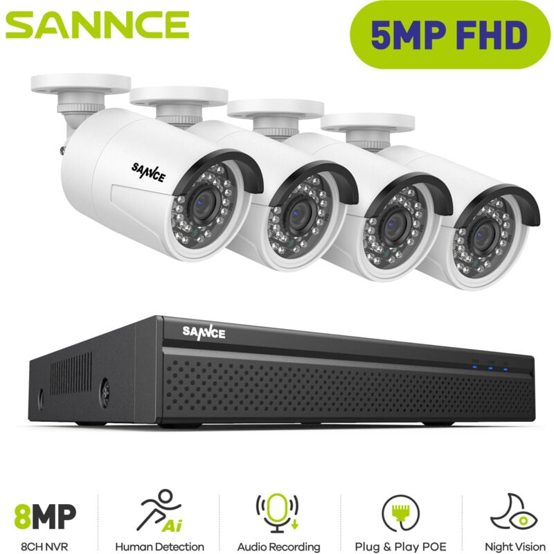 5MP Kit de Vidéosurveillance Exterieure 4×IP Caméras Smart ir Vision Nocturne H.265+ PoE Système de Caméra de Sécurité - Sannce