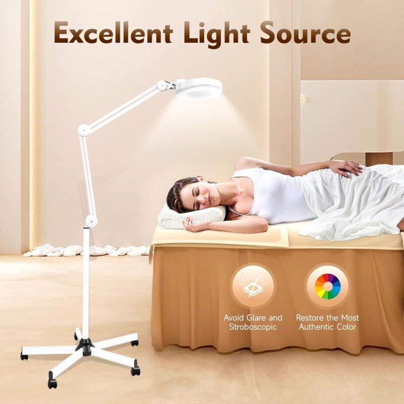 5X LED Lupenleuchte mit Standfuß LED Lupenleuchte auf Rollstativ Kosmetik 125MM Weiß Lampe Licht Arbeitsleuchte Kosmetiksalons 24W Kosmetik Beauty