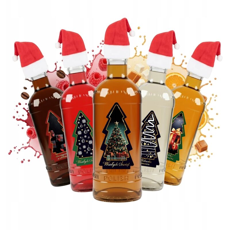 5x Luxusflasche 500ml + Etikett mit Weihnachtsmannhut für Likör, Tinktur, Wein