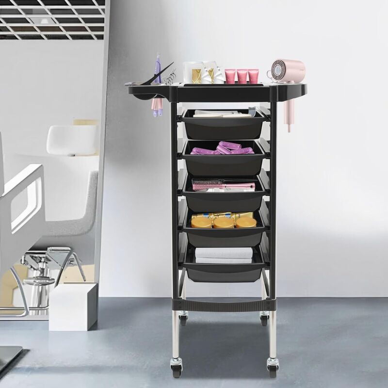 6-Etagen Beauty Friseurwagen Rollwagen, Bedienungswagen Friseur, mit 5 Schubladen, Arbeitswagen Friseur Friseurrollwagen, multifunktionaler