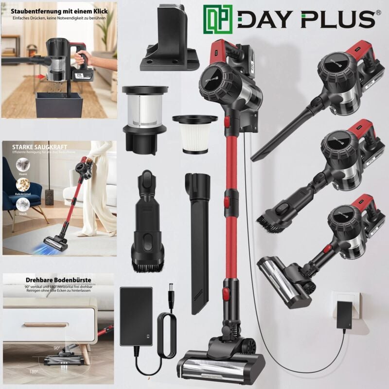 Dayplus - 6 in 1 Akku staubsauger Kabellos Handstaubsauger beutellos Funktion Tierhaare 6000W