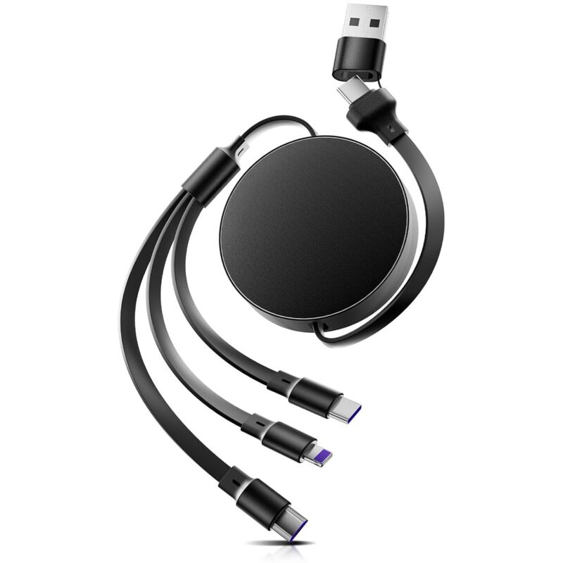 6-in-1 Multi-Ladekabel, USB-C/Lightning/Micro-USB 100W mit PD/QC, für iPhone 16/15, Galaxy, Huawei, iPad - 110cm einziehbares Ladekabel (Schwarz)