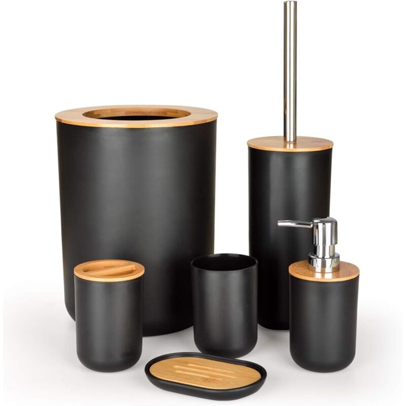 6-teiliges Badezimmer-Zubehör-Set aus Bambus, Badezimmer-Zubehör-Set, Lotion-Flaschen, Zahnbürstenhalter, Zahnbecher, Seifenschale, Toilettenbürste,