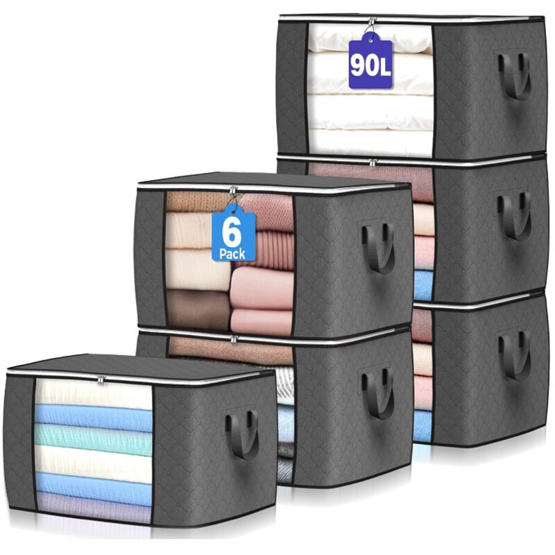 6 Stück 90L Aufbewahrungstasche, Aufbewahrungsbox mit Deckel Große, Kleider Aufbewahrung Umzugskartons, Faltbare Unterbett Kleiderschrank für
