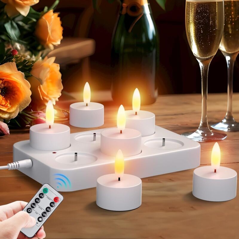 6 Stück Led Teelichter mit Timer Wiederaufladbar Kerzen led Tea Light Flammenlose Kerzen Flackern Kerzenlicht Nachtlicht Elektrische Teelichter