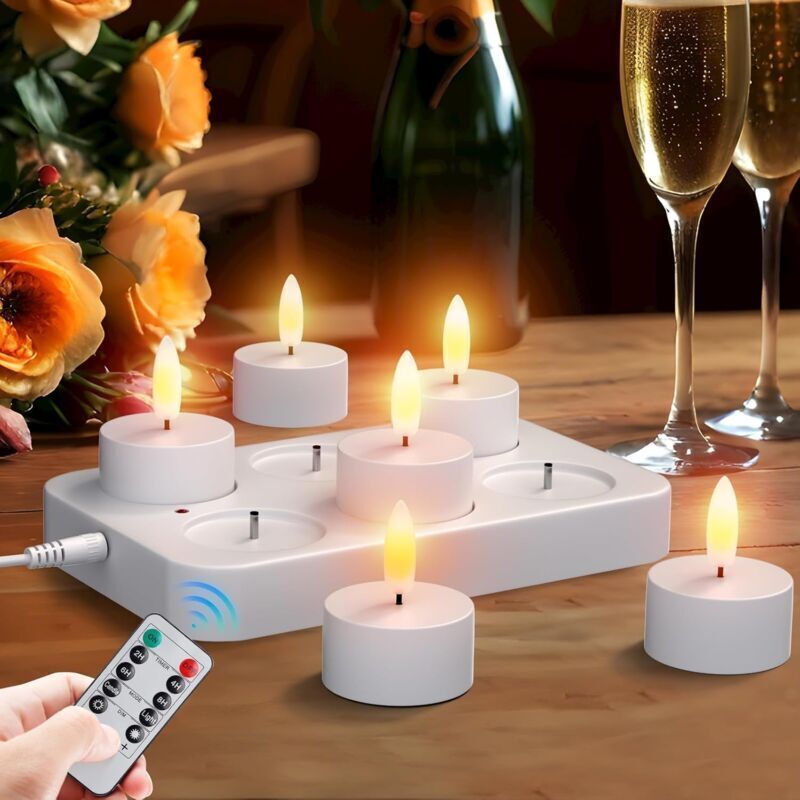 6 Stück Led Teelichter mit Timer Wiederaufladbar Kerzen led Tea Light Flammenlose Kerzen Flackern Kerzenlicht Nachtlicht Elektrische Teelichter