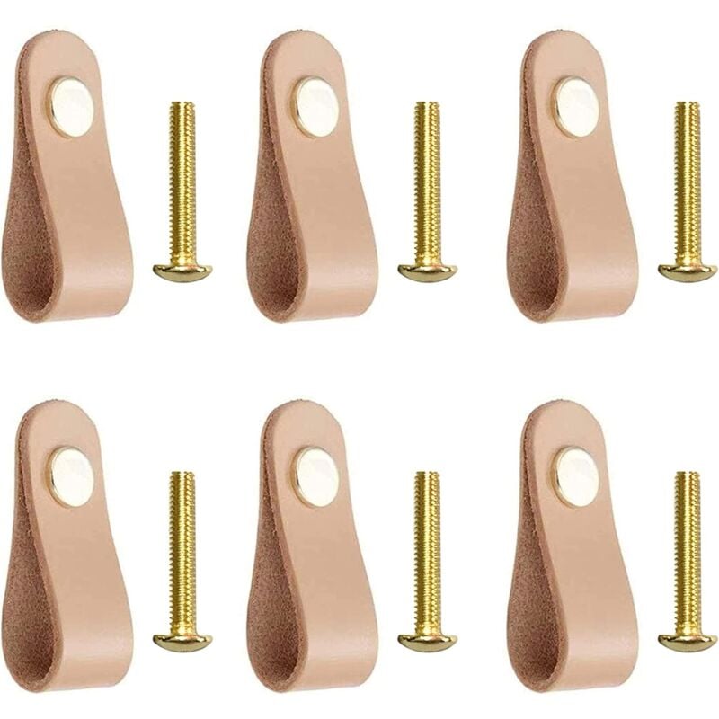 Jn.songs - 6 Stück Ledergriffe Möbel, Beige Ledergriff Schubladenknöpfe, Möbelgriffe Leder für Möbel mit Schrauben Küche und Tür