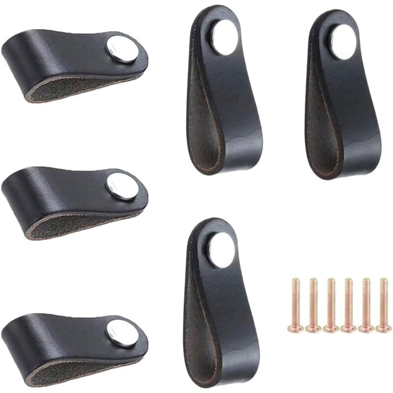 Jn.songs - 6 Stück Ledergriffe Möbel, Schwarz Ledergriff Schubladenknöpfe, Möbelgriffe Leder für Möbel mit Schrauben Küche und Tür