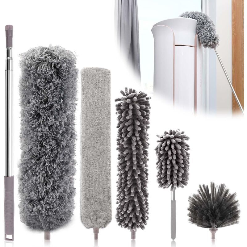 Mumu - 6-teiliger Teleskop-Staubwedel, Wolfskopflänge 25–252 cm, waschbarer Mikrofaser-Staubwedel, Spinnennetzbesen, verschiedene Teleskop-Staubwedel