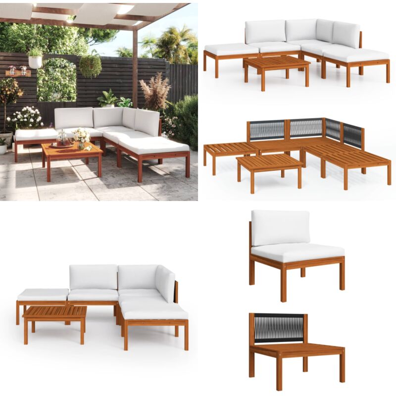 6-tlg. Garten-Lounge-Set mit Kissen Creme Massivholz Akazie - Gartenmöbel Set - Holz Gartenmöbel - Akasie Möbel - Outdoor Möbel - Loungesessel - Home