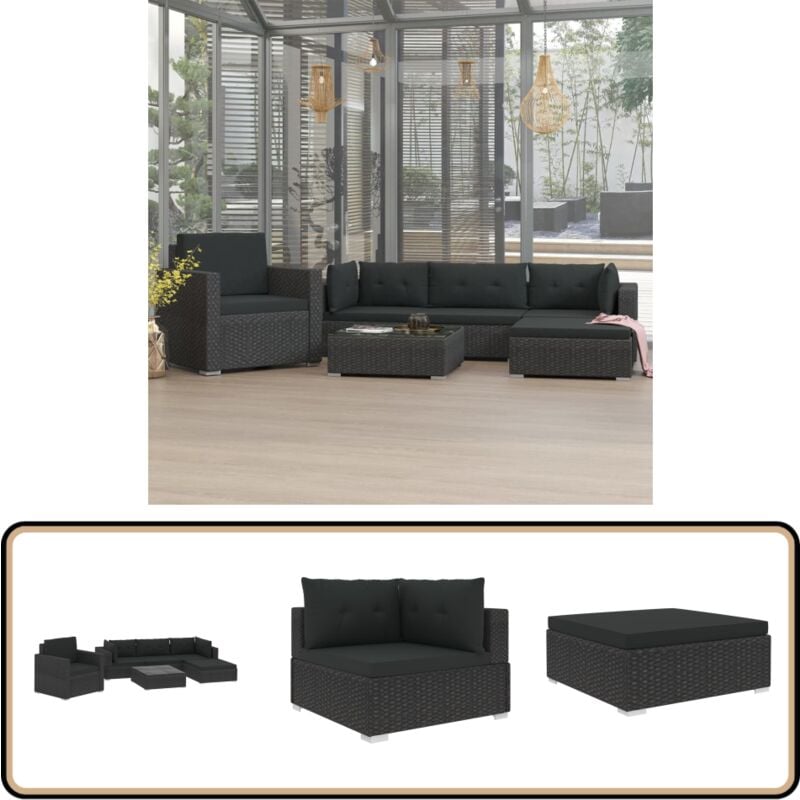 6-tlg. Garten-Lounge-Set mit Kissen Poly Rattan Schwarz - Outdoor Möbel - Gartenmöbel - Loungemöbel - Rattan Möbel - Sitzgarnituren