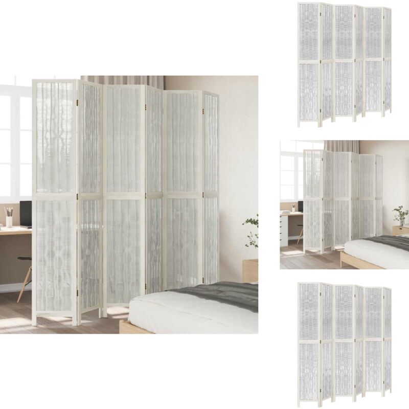 6-tlg. Raumteiler Weiß Massivholz Paulownia - Raumteiler - Holzparavent - Weidenzweige - Paulowniaholz - Weißer Raumteiler