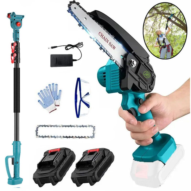 6-Zoll-Akku-Kettensäge, 2-in-1 ausziehbare elektrische Kettensäge, Baumschere mit 2 Ketten, 2x3,0-A-Akku und Ladegerät, kompatibel mit Makita-Akku