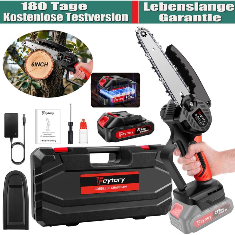6 Zoll Akku Kettensäge Tragbarer Elektro Mini-Kettensäge + 1500mAh Akku & Ketten