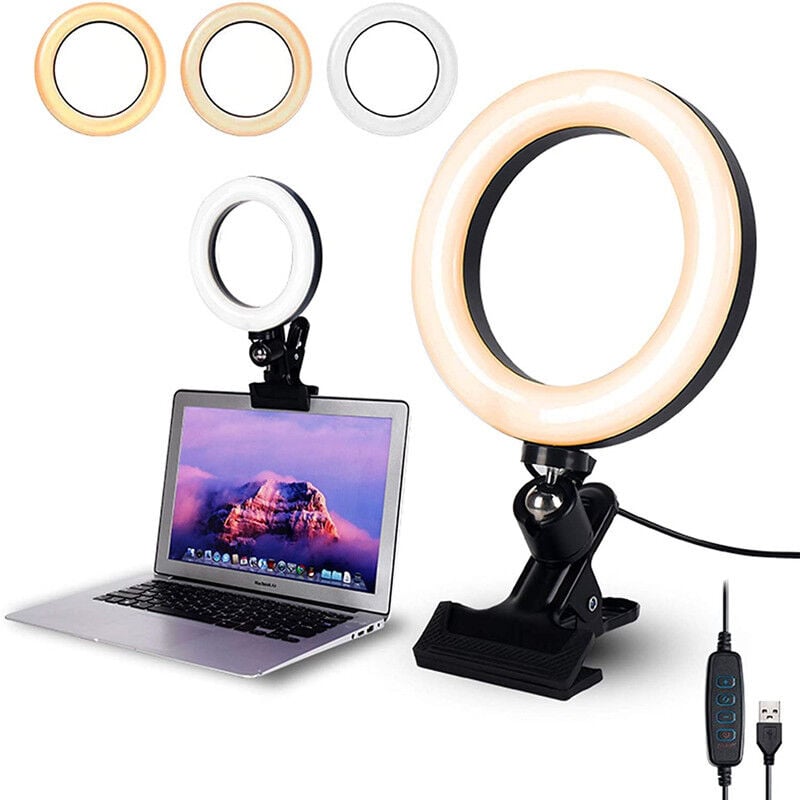 Fitags - 6-Zoll-LED-Ringlicht mit Clip, Videokonferenzbeleuchtung mit 3 Modi, 10 Helligkeiten für Schreibtischcomputer und Laptop, Selfie-Lampe für