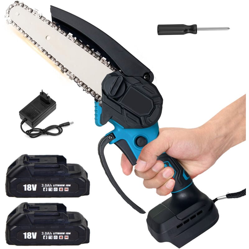Mawiron - 6 Zoll Mini Akku-Kettensäge, Akku-Elektro-Kettensäge, 2 x 3,0 a Akku + Ladegerät, kompatibel mit Makita-Ladegerät, Kettensäge zum