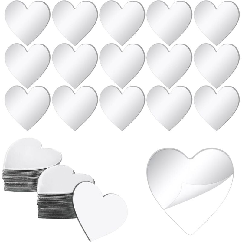 60 Stück Mini Herz Spiegel - 5cm Selbstklebend Acryl Herzform Klein - Zum Basteln, Aufkleben für Schminke, Wand Deko, Badezimmer - Tragbar