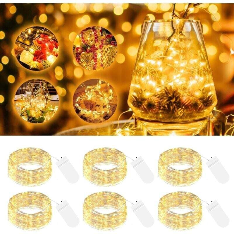 6er-Pack LED-Lichterketten mit Batterie, klein, 2 m, 20 LEDs, Silberdraht, Mini-Lichterkette, batteriebetrieben, Mikrodraht, wasserdicht, für