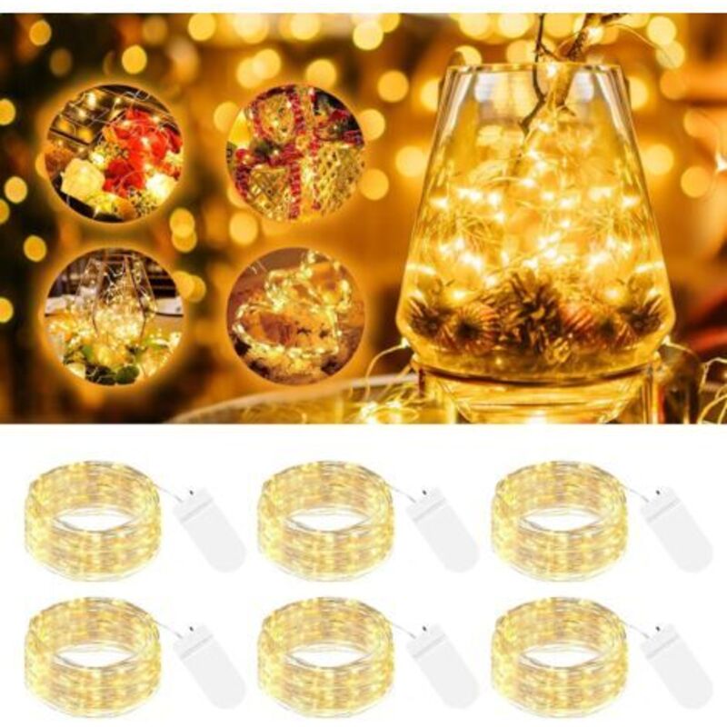 6er-Set LED-Lichterkette mit Batterie, klein, 2 m, 20 LEDs, silberner Draht, Mini-Lichterkette, batteriebetrieben, Mikrodraht, wasserdicht für