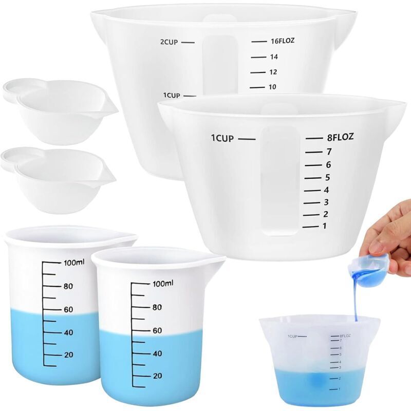 6er-Set Silikon-Messbecher – 500 ml/250 ml/100 ml/100 ml – Wiederverwendbare Messbecher mit Skala – Mischbecher für Epoxidharz, ideal für