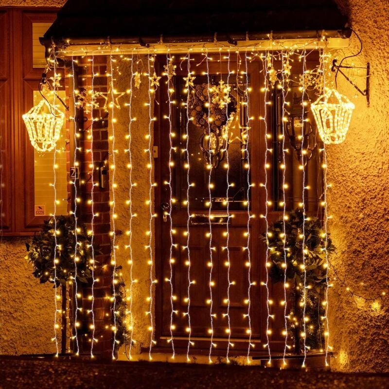 6m x 3m led Lichtervorhang Außen Weihnachten, Lichterkette Vorhang Innen mit 8 Modi und Memory, Weihnachtsbeleuchtung Outdoor Garten, Warmweiß