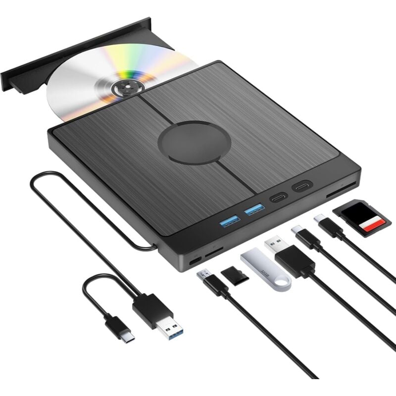 7-in-1 Externer CD/DVD-Brenner, USB 3.0 Typ-C, CD/DVD +/-RW-Brenner, SD/TF-Kartenleser, schnelle und schlanke Übertragung, integriertes USB-Kabel für