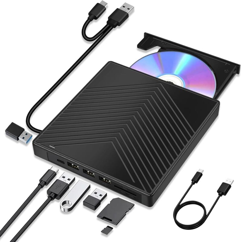 7-in-1 externes CD-DVD-Laufwerk für Windows 11 10 PC, USB 3.0 und Typ-C, tragbarer CD-DVD +/-RW-ROM-Brenner mit SD/TF-Steckplatz, 4 USB- und