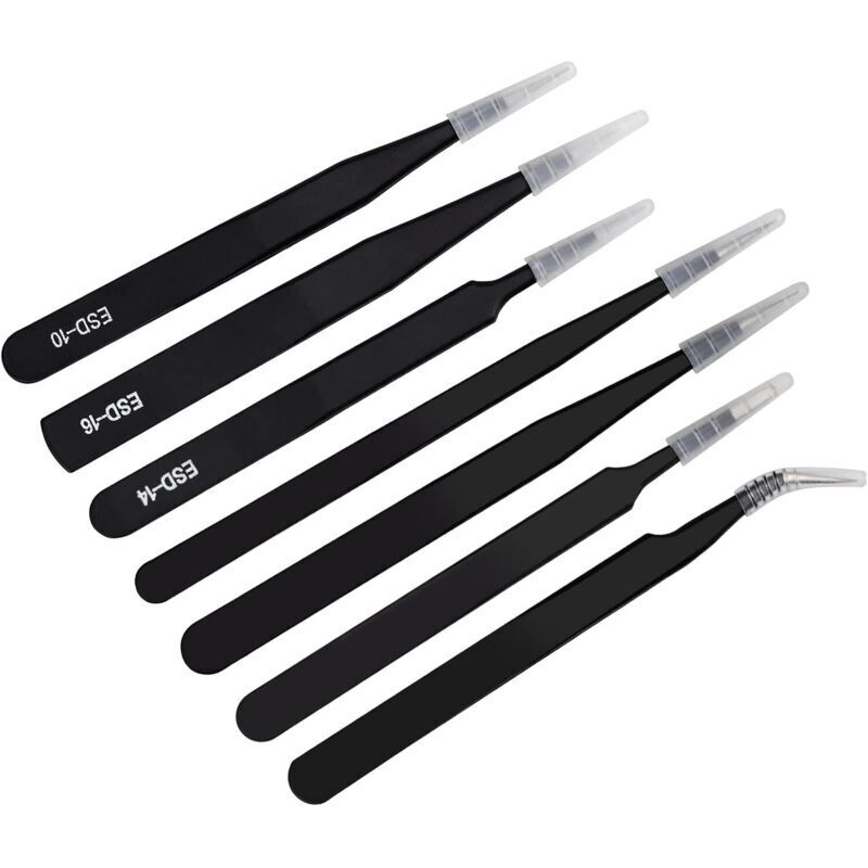 7-teiliges Set antistatischer Pinzetten, ESD-Präzisionspinzetten, Edelstahl für Kosmetik, Schmuck, Bastelarbeiten und Elektroniklabore (Schwarz)