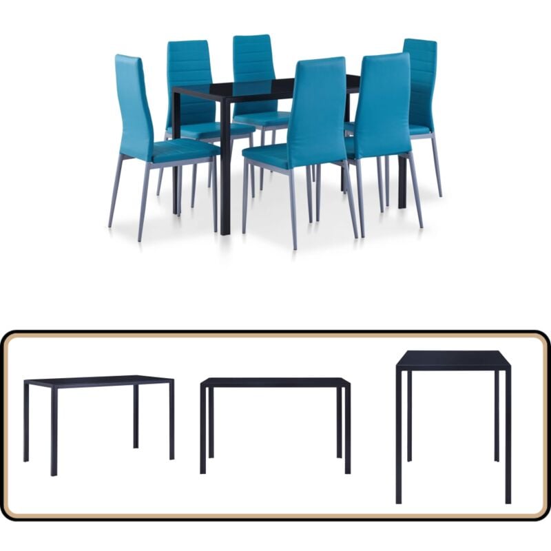 7-tlg. Essgruppe Blau - Esstisch - Essgruppe - Moderner Esstisch - Glastisch - Metallgestell