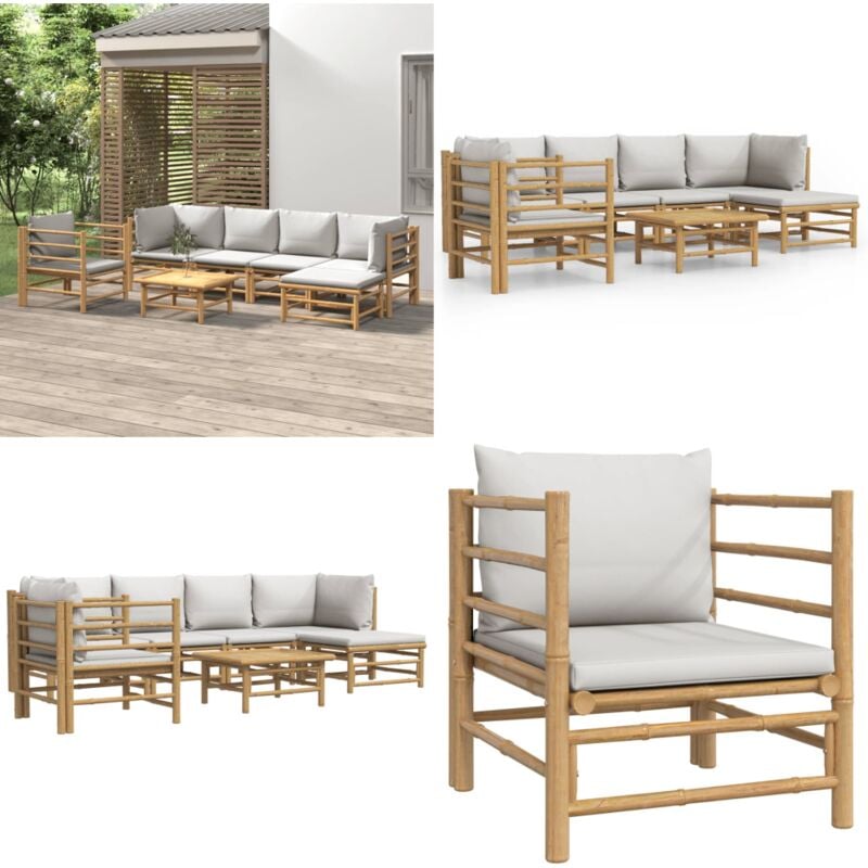 7-tlg. Garten-Lounge-Set mit Hellgrauen Kissen Bambus - Bambus Möbel - Gartenloungeset - Outdoor Möbel - Gartenmöbel - Esstisch - Home & Living