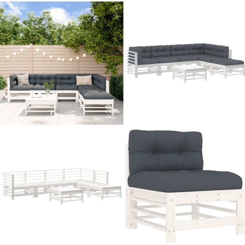 7-tlg. Garten-Lounge-Set mit Kissen Weiß Massivholz - Gartenmöbel - Loungesessel - Gartenloungeset - Rattan Möbel - Holz Gartenmöbel - Home & Living