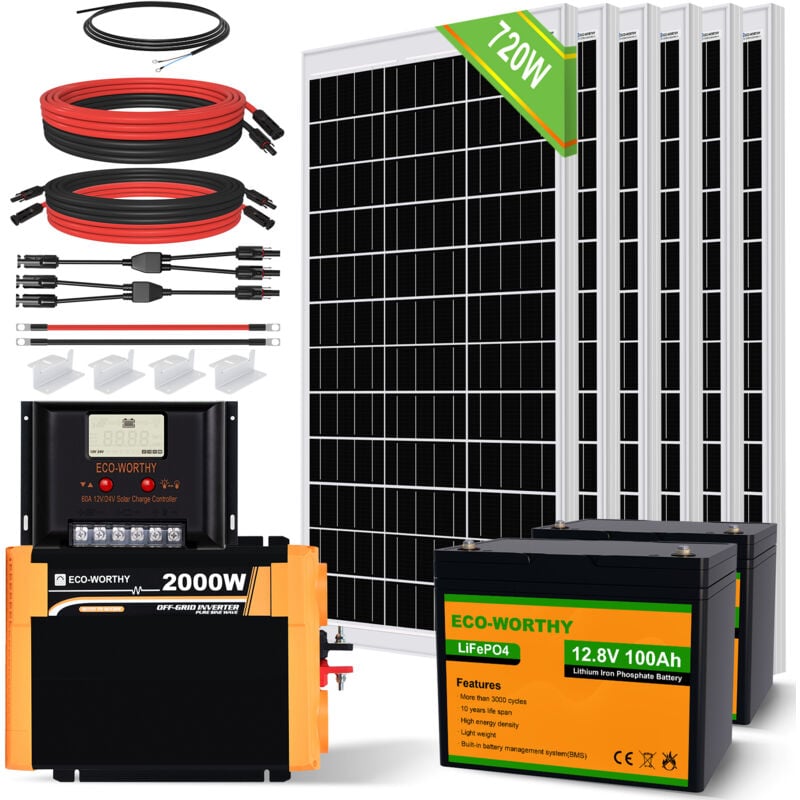 Eco-worthy - 3kWh solaranlage komplettset 720W 12V Solarsystem mit Batterie netzunabhängig für Wohnmobil: 6 120W Solarmodul + 2 Stücke 100Ah