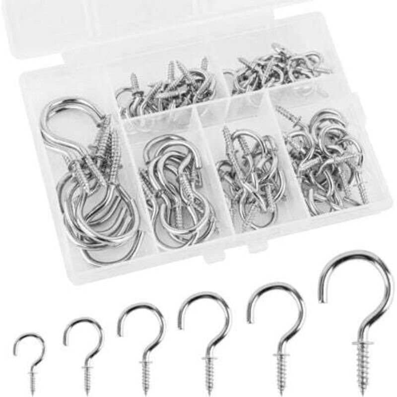 75-teiliges Set aus Schraubhaken in 6 Größen, silberfarben, für Deckenmontage, als Schalenhaken, ideal für Weihnachtsdekoration und Gartenarbeit,