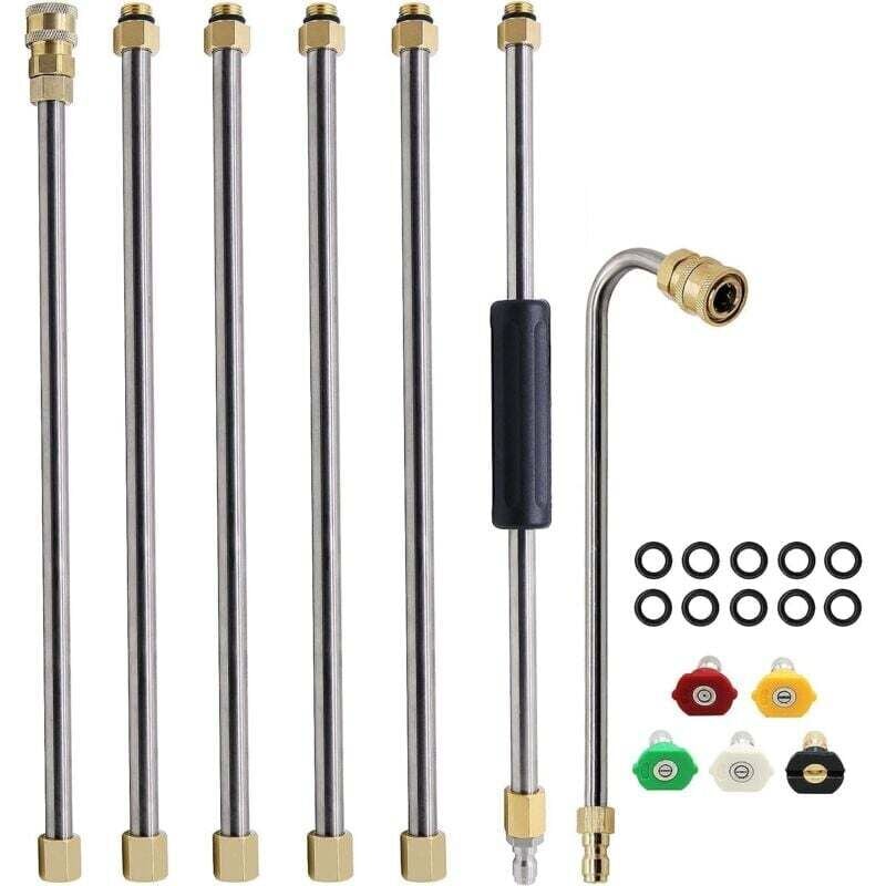 7er-Pack Hochdruckreiniger-Verlängerungsstab-Set, Hochdruckreiniger-Lanze, Dachrinnen-Reinigungswerkzeug, mit 5 Düsenspitzen (Silber)