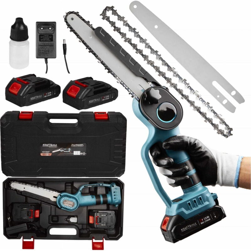 Akku Kettensäge 8 Zoll 2x Akku LI-ION 21V 2.0Ah Gartensäge Mini Elektrische Kettensäge, Einhand Motorsäge für Garten