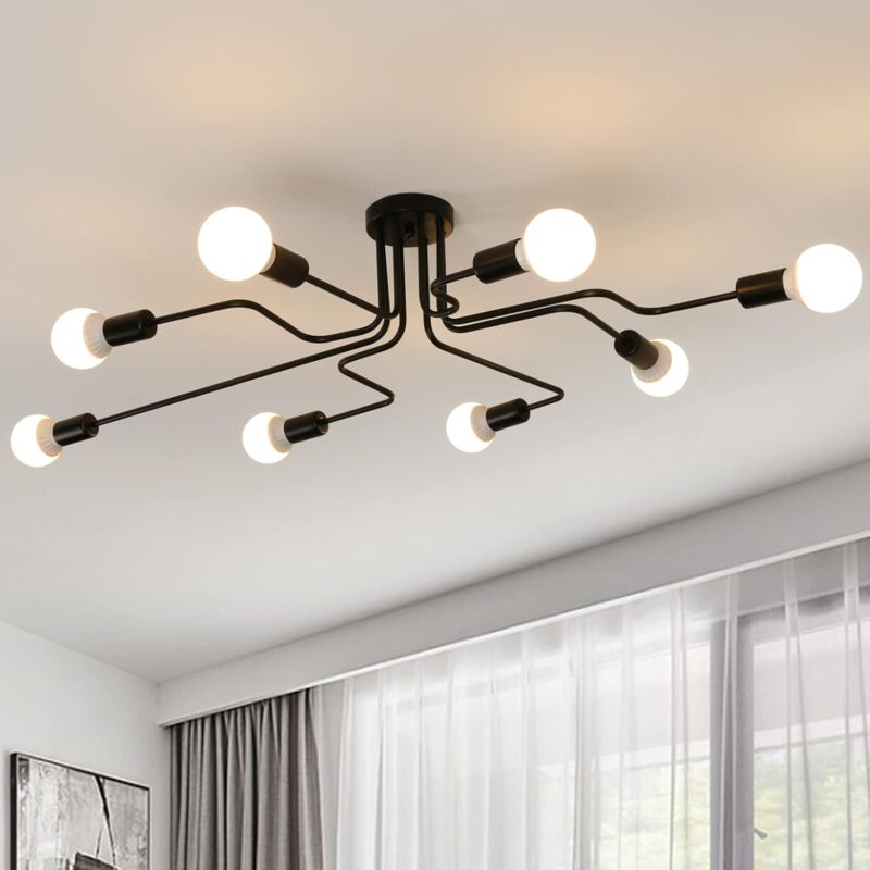 Comely - Vintage Industrie Deckenlampe Schwarz Metall, 8 E27 Fassungen, Ideal für Wohnzimmer, Küche, Flur, Galerie, Esszimmer, Bar, Café