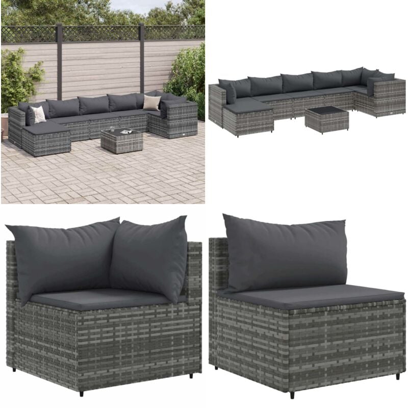 8-tlg. Garten-Lounge-Set mit Kissen Grau Poly Rattan - Gartenlounge Set - Lounge Möbel - Outdoor Möbel - Rattan Möbel - PE-Rattan - Home & Living