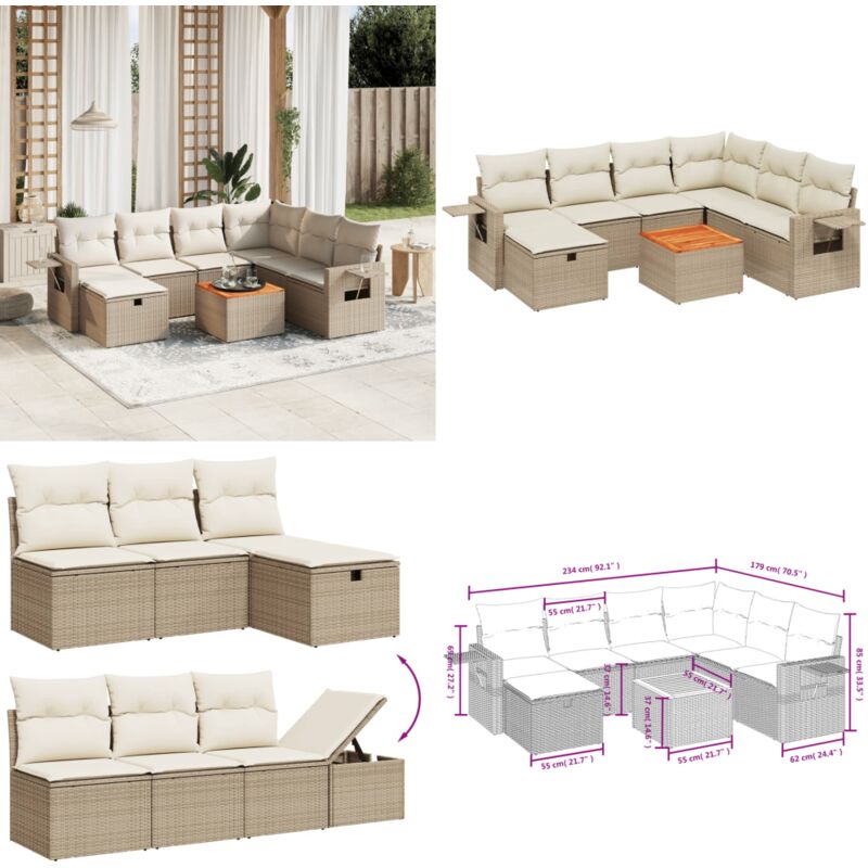 8-tlg. Garten-Sofagarnitur mit Kissen Beige Poly Rattan - Gartenmöbel Set - PE-Rattan Gartenmöbel - Outdoor Lounge Set - Esstisch Set - Balkonmöbel