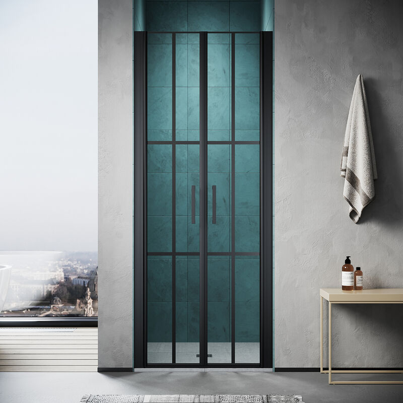 Pendeltür Nischentür Duschtrennwand 180°-Drehung 80x195cm mit Nano-Layered Klarglas Duschtür Schwarzes Siebdruck-Gittermuster - Sonni