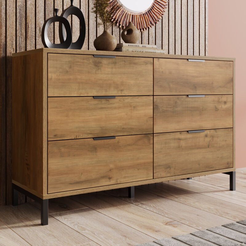 (=834445AAD) Kommode, Sideboard mit 6 Schubladen, 120 x 40 x 76 cm in Dunkle Eiche, Sideboard Highboard für Schlafzimmer & alle Wohnräume